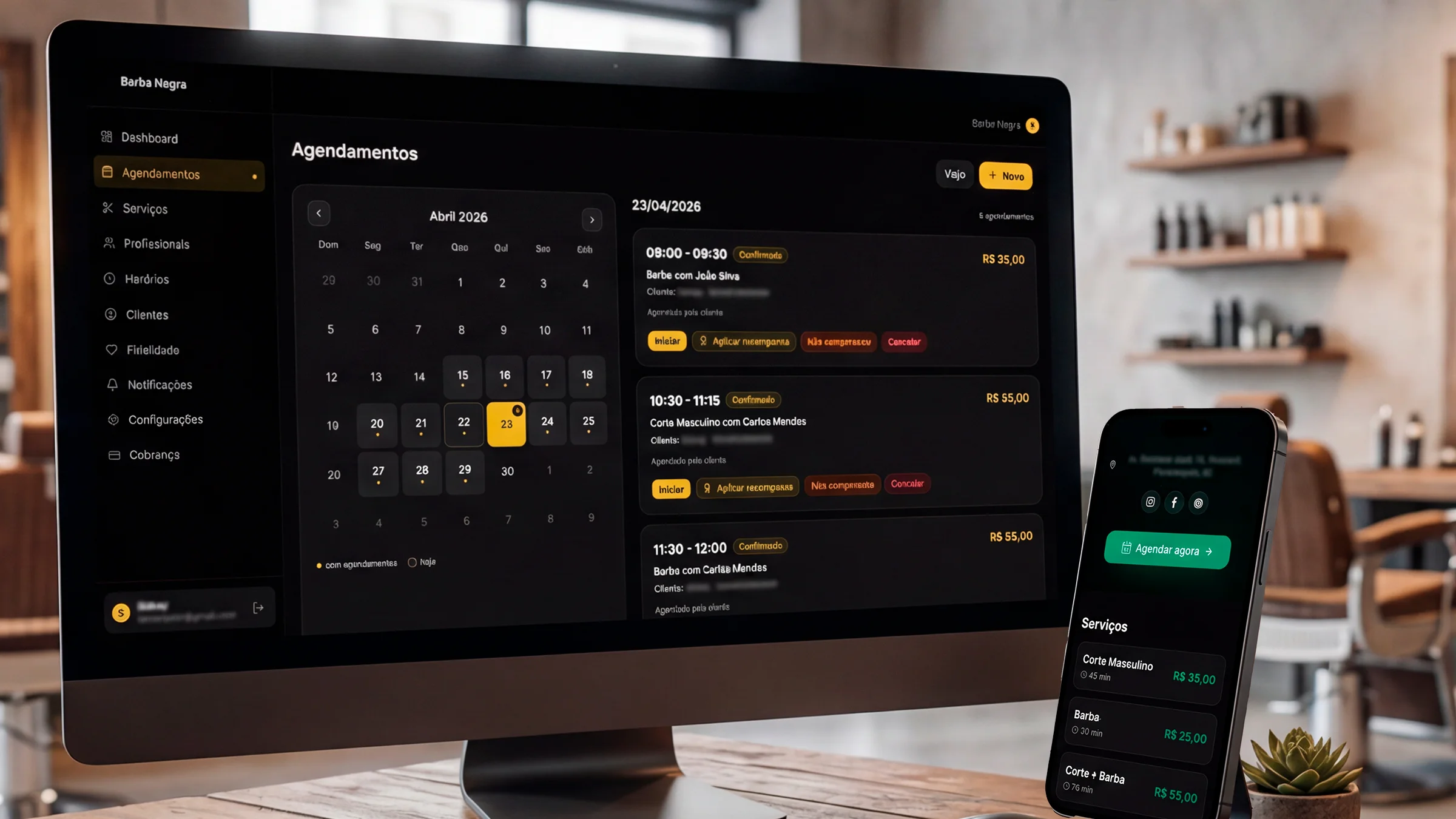 Dashboard do Profisaas mostrando a agenda de uma barbearia com agendamentos do dia, nomes de clientes e horários por profissional